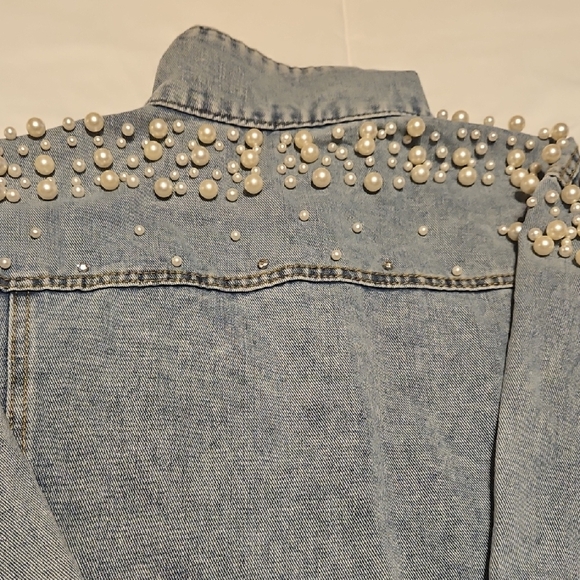 Pearl-Embellished Light Blue Denim Jacket - Women's Jean Jacket - Picture 3 of 4